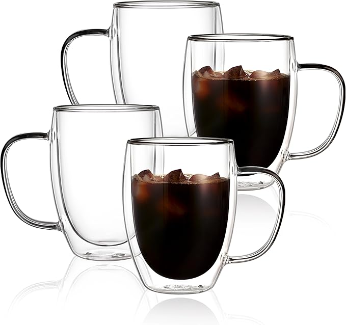 CNGLASS 12oz Double Walled Glass Coffee Mugs(4-pack),Insulated Glass Mugs with Handle,Clear Espresso Cups for Latte,Cappuccino,Tea Bag
