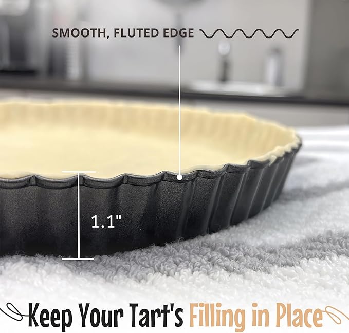9 Inch Tart Pan with Removable Bottom – Non-Stick Deep Fluted Quiche and Pie Pan, Carbon Steel Loose Bottom Tart Pan, 9.5 Inch Top / 9 Inch Base, 1.1 Inch Deep Baking Pan