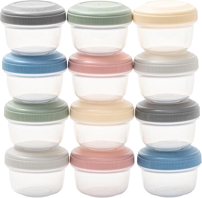 WeeSprout Leakproof Baby Food Storage - 12 Set, Small Plastic Containers with Lids, Lock in Freshness, Nutrients & Flavor, Freezer & Dishwasher Friendly, 4oz Snack Containers (Variety Matte)