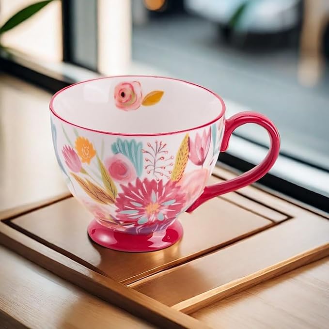 Vintage Flower Mugs – Large Ceramic Coffee Mug (15oz) – Cute Cereal Cup for Breakfast, Oatmeal Tea & Hot Drinks – Handmade Ceramic Cup with Floral Design
