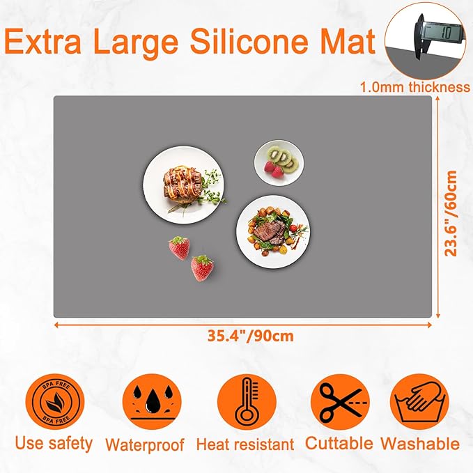 35.4''x23.6''(90cmx60cm) Extra Large Silicone Mat for Kitchen Counter, Heat Resistant Countertop Protector, Non-Slip Waterproof Kitchen Island Mat, Easy to Clean, Semitransparent