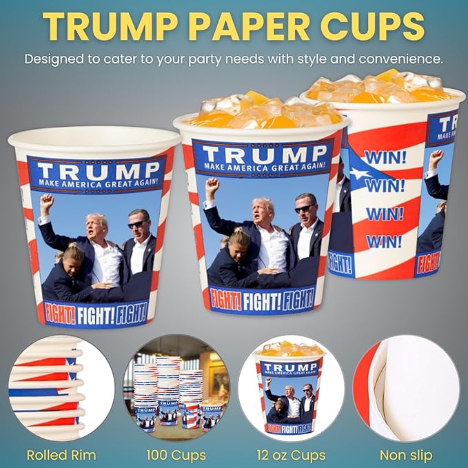 Smygoods Trump Design Disposable Paper Coffee Cups (12 OZ, 100 Count) For Hot Beverages, Tea, Espresso, Cocoa - To Go Drink Containers, Café & Office