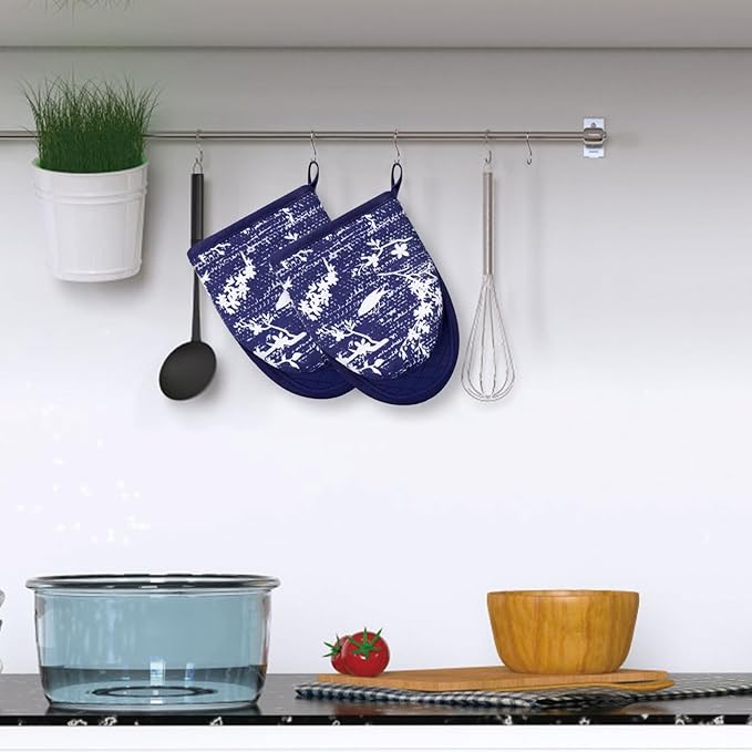 Mini Silicone Oven Mitts, Heat and Slip Resistant Kitchen Gloves 2-Pack Set, Birds Flower Soft Short Oven Mittens, Flexible Thick Pot Holders for Safe Cooking Baking and Grilling (Navy)