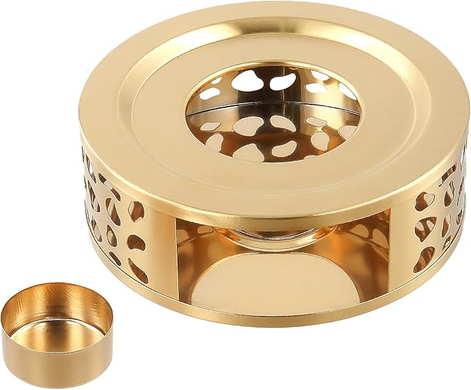 4 PCS Teapot Warmer, Stainless Steel Teapot Warmer, Metal Teapot Heater with Tealight Candle Holder, Brushed Coffee Tea Warmer Base for Glass or Ceramic Teapot, Gold
