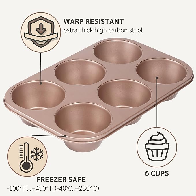 Non Toxic Nonstick 6 Cup Jumbo Muffin Pan | Large Cupcake Tin for Oven | Nontoxic Muffin Tins Big Size | PFOA Free Cupcakes Tray