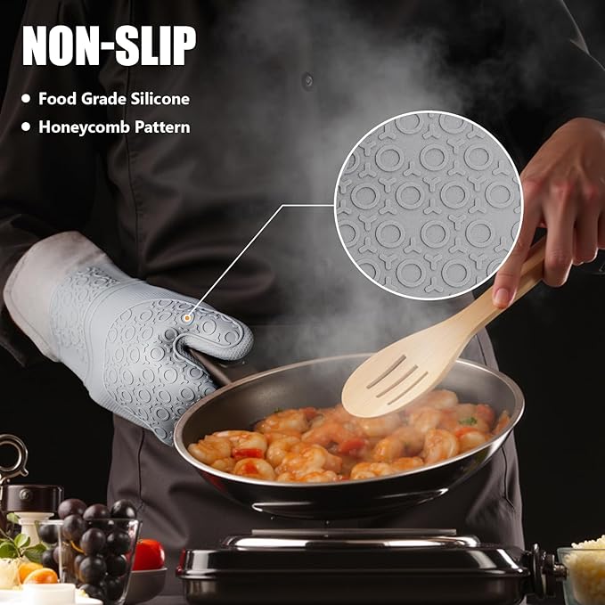 Rorecay 6pcs Oven Mitts and Pot Holders Sets for Kitchen, Extra Long Silicone Oven Gloves High Heat Resistant 500 Degrees Non-Slip Potholders Hot Pads for Baking Cooking, Grey