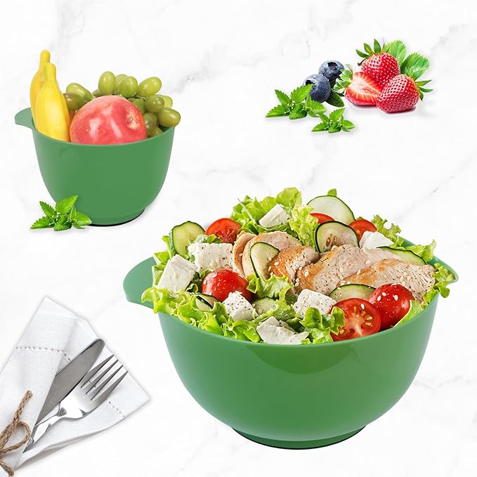 BoxedHome 4 Quart Large Plastic Mixing Bowls, Microwave Safe Mixing Bowl Set with Pour Spout, Nesting Bowls for Space Saving Storage(Grass Green)