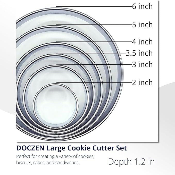 DOCZEN 6 PCS Round Cookie Cutter Set (2, 3, 3.5, 4, 5, 6 Inch) - Biscuit Cutters For Baking - Large Circle Cookie Cutters Variety Pack, Metal Stainless Steel, 6 Pack