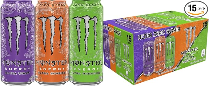 Monster Energy Ultra Variety Pack, Ultra Violet, Ultra Sunrise, Ultra Paradise, Sugar Free Energy Drink, 16 Ounce (Pack of 15)