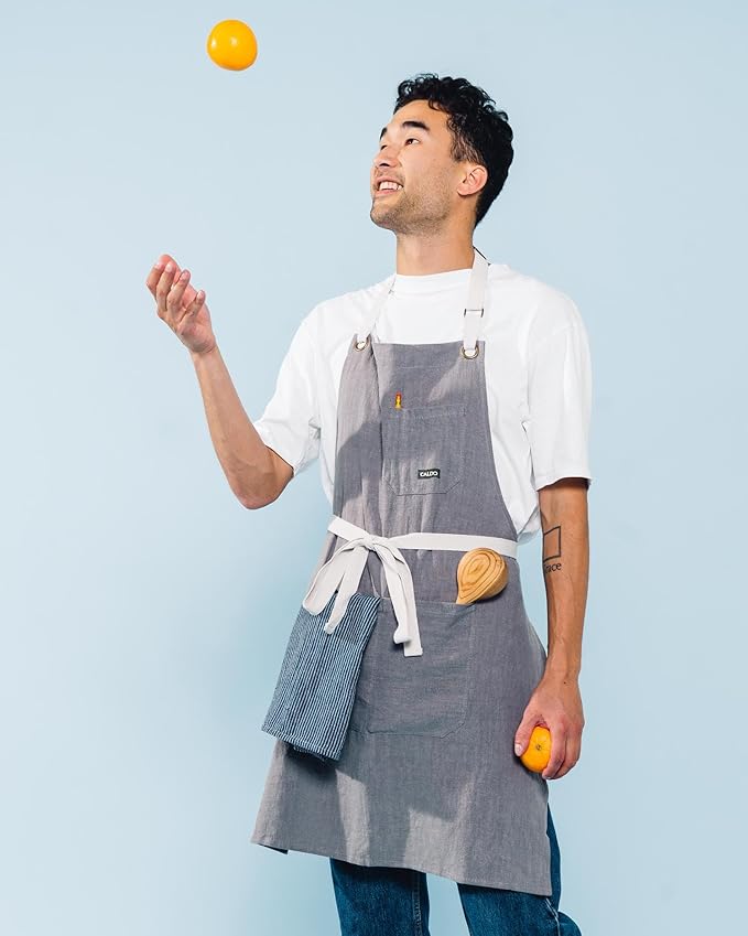 Caldo Linen Kitchen Apron for Cooking - Mens and Womens Linen Bib Apron for Professional Chef, Server, or Barista - Adjustable with Pockets (Grey)