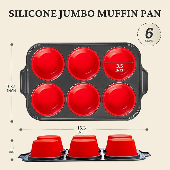 BRONYPRO Jumbo Silicone Muffin Pan with Metal Frame, 3.5" Large Muffin Tins, Non-Toxic Food Grade Silicone, Non-Stick for Egg Bites & Big Cupcakes, Oven Safe, Red