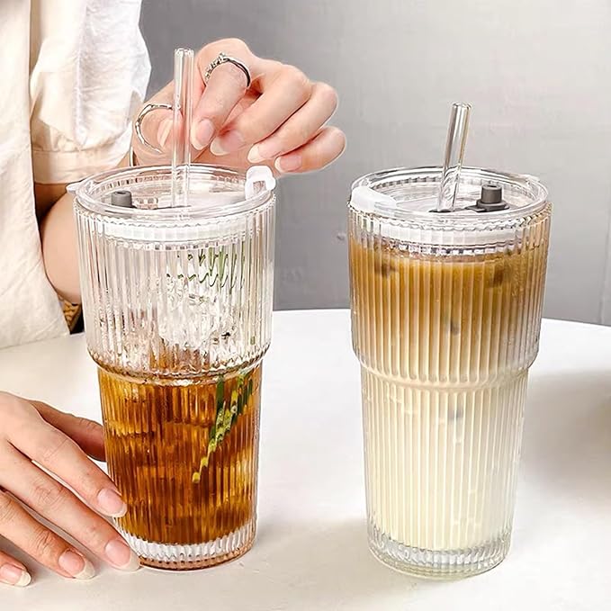 2PCS 20oz Glass Cups with Lids and Straws, Iced Coffee Cups with Lids, Stylish Ribbed Thick Drinking Glasses Tumbler for Juice, Smoothies, Cold Beverages, Cute Cup Gifts with Clean Brush