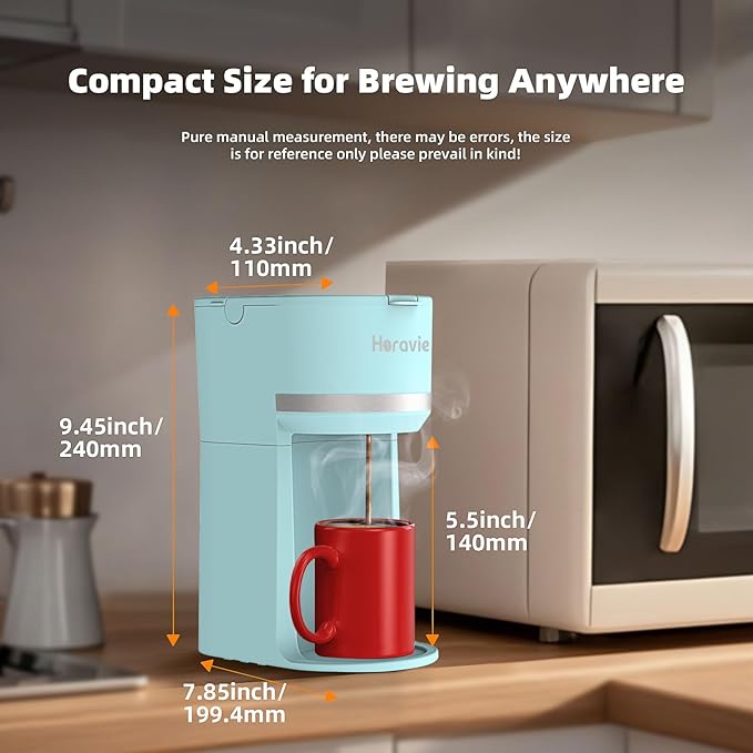 Mini Single Serve Coffee Maker for K Cup and Ground Coffee, Fast Brew One Cup Coffee Machine with Descaling Reminder and Water Window, 6 to 12 oz. Brew Sizes, Light Blue