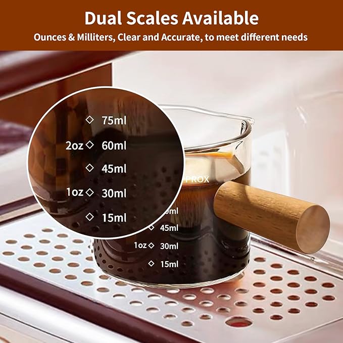 YARRAMATE 3.4oz Espresso Cups with Wood Handle, Clear Glass Espresso Accessories, Double Spout Measuring Cup with Dual Scale, Espresso Shot Glass with V-Shaped Spout
