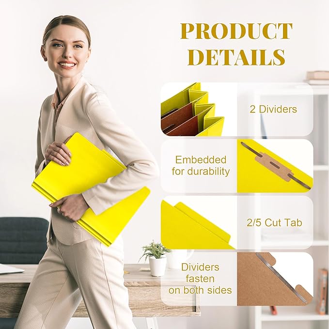 36 Pcs Classification Folders Letter Size, 2 Divider Pressboard File Folders with 3. 5 Inch Expansion, 2 Prongs Fastener, Heavy Duty Office File Organizers for Teachers, Medical (Yellow)