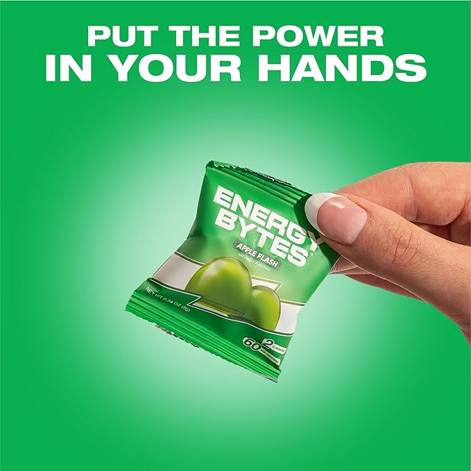 Energy Bytes Caffeine Gummies | Instant Energy Chews for Running, Cycling and Sports Performance | Vegan, Low Sugar | Apple Flash (12-Pack)