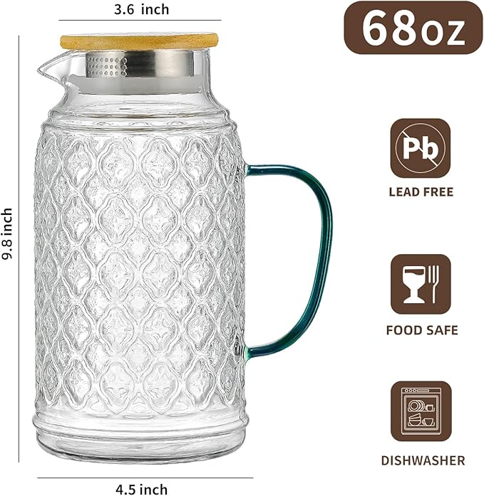 2 PACK Glass Pitcher with Bamboo Lid, 68 oz/2L Vintage Water Pitcher, Clear Borosilicate Glass Water Carafe for Cold Brew, Coffee, Lemonade, Iced Sun Tea,Beverage, Heat Resistant Water Glass Jug