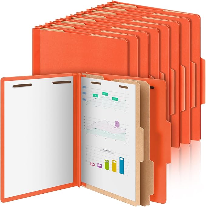 12 Pcs Classification Folders Letter Size Bulk - 2 Dividers Pressboard File Folder with 3. 5 Inch Expansion, 2 Prongs Fastener, Heavy Duty Office File Organizer for Teacher Medical (Orange)