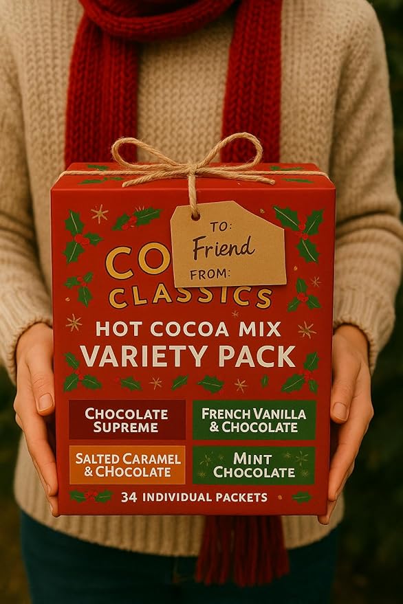 Hot Chocolate Cocoa Mix Variety Gift Pack – 34 Individual Packets – French Vanilla, Salted Caramel, Mint & Chocolate Supreme Flavors – Instant Hot Cocoa Mix – Christmas Holiday Gift with Candy Canes