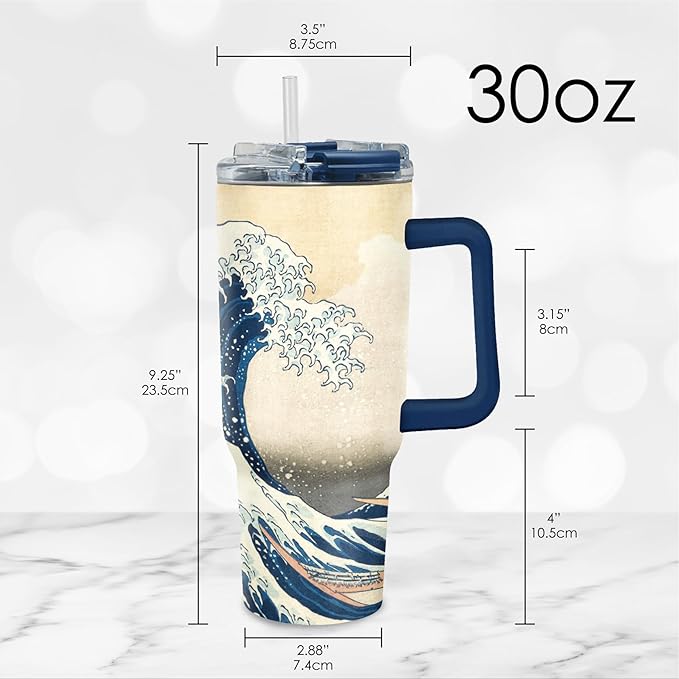 RainCaper 18/8 Stainless Steel Insulated Water Tumbler with Straw | 30oz, BPA-Free, Double Wall for Hot & Cold | Travel-Friendly, Cup Holder Ready (Hokusai The Great Wave)