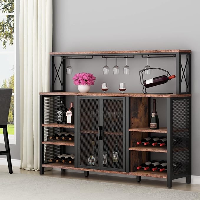Bar Cabinet, 55 Inches Kitchen Sideboard Buffet Cabinet with Wine Rack Storage, Industry Coffee Bar Cabinet with Wine Rack and Glass Holder for Liquor and Glasses (Rustic)