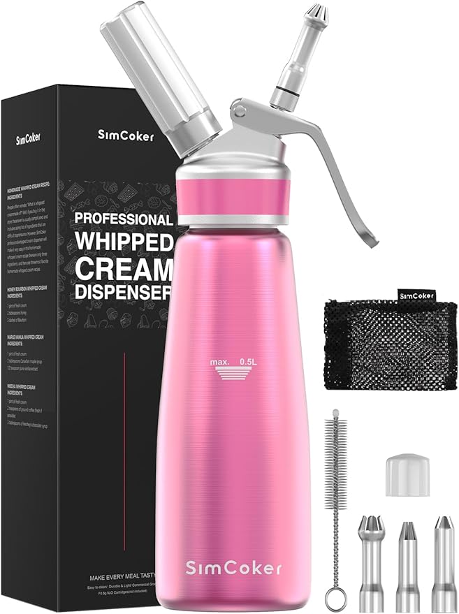 Whipped Cream Dispenser,Aluminum Cream Whipper 500mL/1 Pint,3 Decorating Nozzles,1 Brush, 1 Storage Bag,Homemade Whipped Cream Maker,Pink
