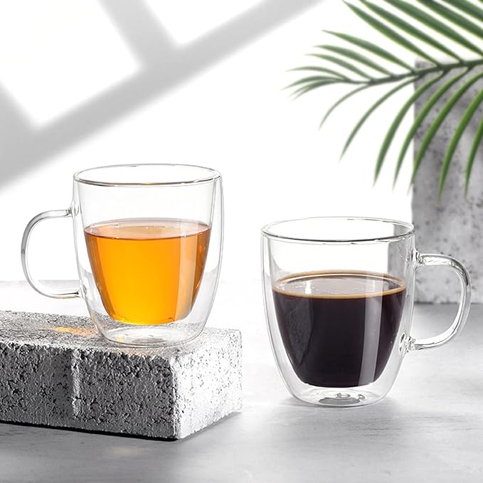 Insulated Espresso Cups - 16 oz Double Wall Glass Mugs With Handle and Lid - Cold & Heat Resistant - Perfect for Coffee, Tea, Milk, Wine