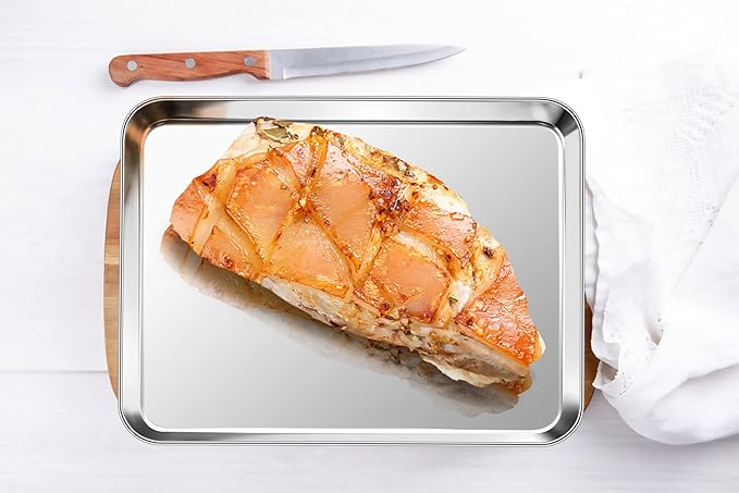 P&P CHEF 9 Inch Baking Cookie Sheet, Oven Pan Tray Stainless Steel Sheet Pan for Kitchen, Oven Bakeware for Multi Uses, Shiny Look & Dishwasher Safe, Healthy & Heavy Duty, 4Pcs