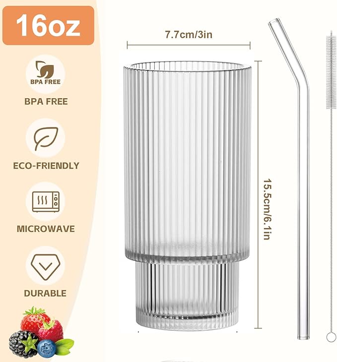 16OZ Ribbed Glass Cups with Lids and Straws,Iced Coffee Cups with Bamboo Lid,Vintage Glassware for Whiskey Cocktail Beer Fruit Juice Glasses Tumbler(2 Pack)