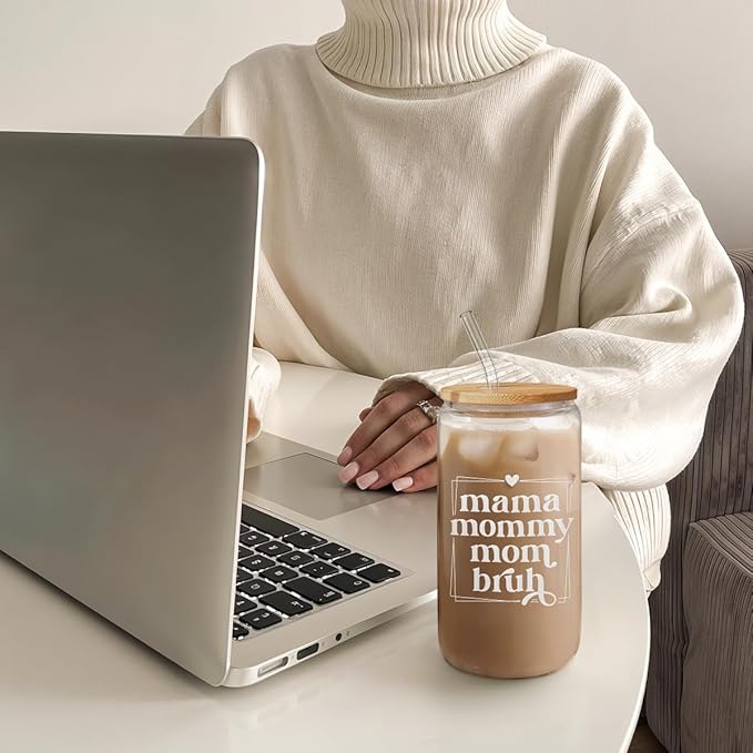 SANDJEST Mother Glass Can, Mama Mommy Mom Bruh Cup with Lid & Straw, Iced Coffee Aesthetic Cups, Idea Gift for Christmas Birthday Mother Day, Gifts for Women, 16oz