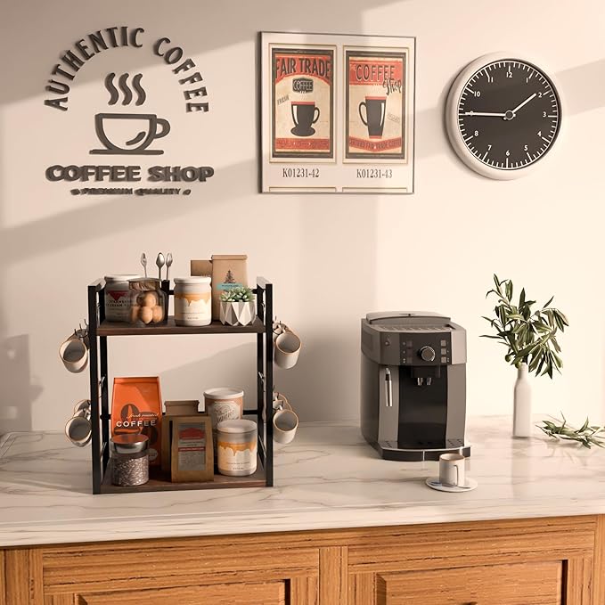 Dorhors 2 Tier Coffee Bar Accessories and Organizer,Multi-functional Mug Holder with 12 Hooks,Wood Coffee Station Organizer,Kitchen Countertop Shelf