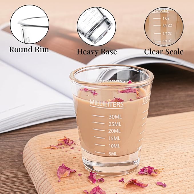 Shot Glasses Measuring cup Espresso Shot Glass Liquid Heavy Glass Wine Glass 2 Pack 26-Incremental Measurement 1oz, 6 Tsp, 2 Tbs, 30ml By BCnmviku (2pack-White)