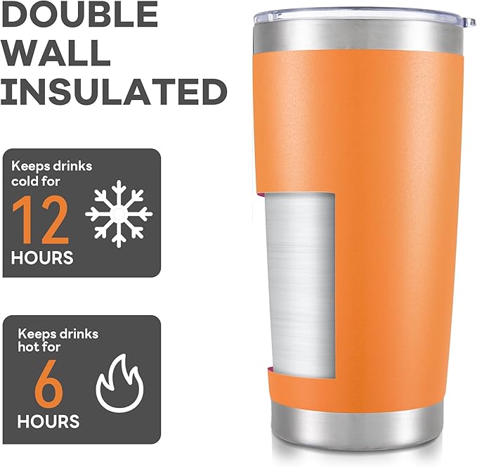 20 oz Tumbler with Lid Stainless Steel Double Wall Vacuum Insulated Tumblers Powder Coated Cups Travel Mug Keep Drinks Cold and Hot, Orange