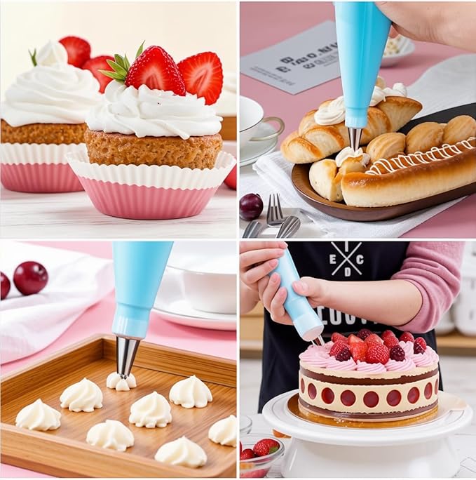 Piping Bags and Tips Set, Reusable Cake Decorating Supplies with 2 Reusable Bags, 12 Icing Tips, 2 Silicone Rings, 2 Couplers and 3 Scrapers, Cake Baking Tools for Cookie Icing Cupcakes