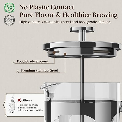 Veken French Press Coffee Maker 34oz 1 L, No Plastic Touching Cafe, Heat Resistant Thickened Borosilicate Glass, Stainless Steel Brewer, Cold Brew Cafetera Teapot for Kitchen Travel Camping, Silver
