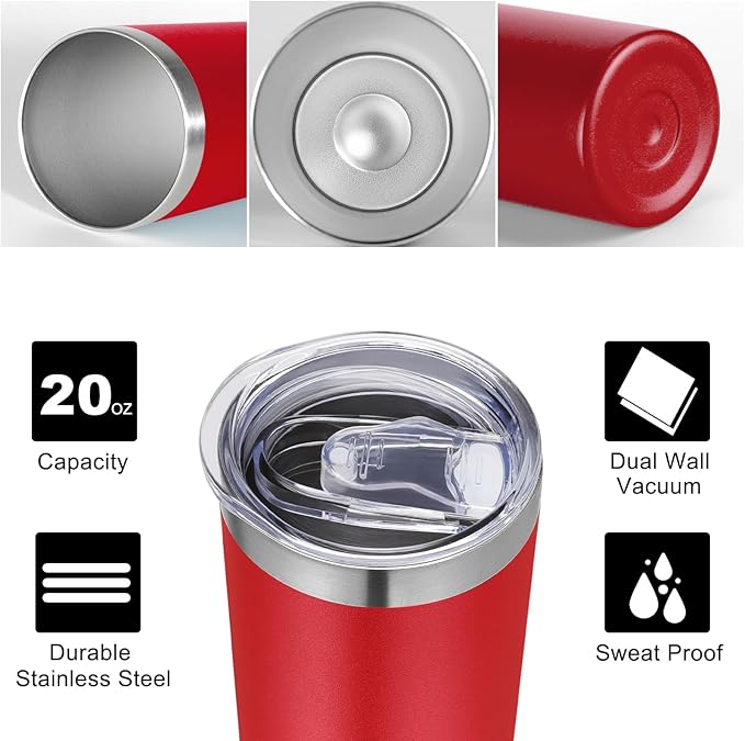 VEGOND 20 oz Stainless Steel Skinny Tumbler with Lids and Straws, 20oz Vacuum Insulated Slim Tumbler Cup, Double Wall Travel Tumblers Bulk for Cold Hot Drinks, Red 12 Pack