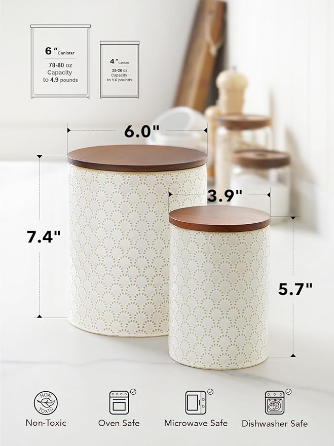 LE TAUCI Food Storage Containers with Airtight Lids, 78/25 oz Ceramic Sugar Canisters Sets, Embossed Large Jars for Pasta, Oats, Coffee Bean, Cookies, Rice, Grains, Tea - Set of 2, Fireworks