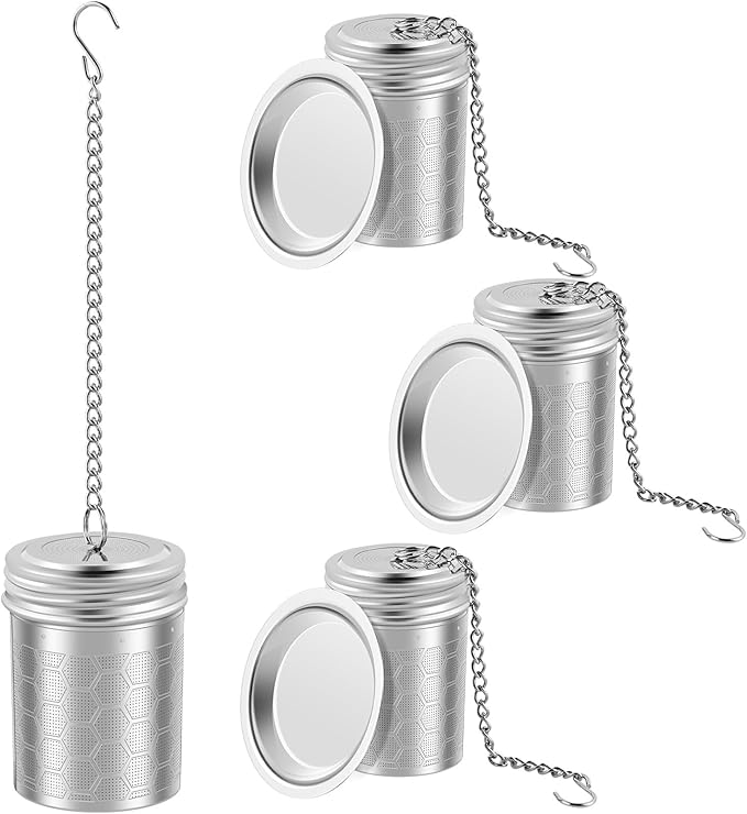 Tea Infuser Strainers with Drip Tray 304 Stainless Steel Tea Filter Strainer with Chain Hook Fine Mesh Tea Infuser Steeper Reusable Tea Strainers Easy to Use for Loose Tea Mulling Spices (Silver 4PCS)