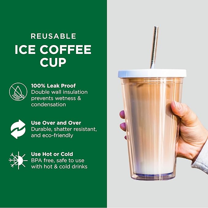 Reusable Iced Coffee Cup (16 Oz/Grande), Leak Proof and Double Wall Insulated Iced Coffee Tumbler, Come with Reusable Plastic and Metal Straws and Straw Cleaner