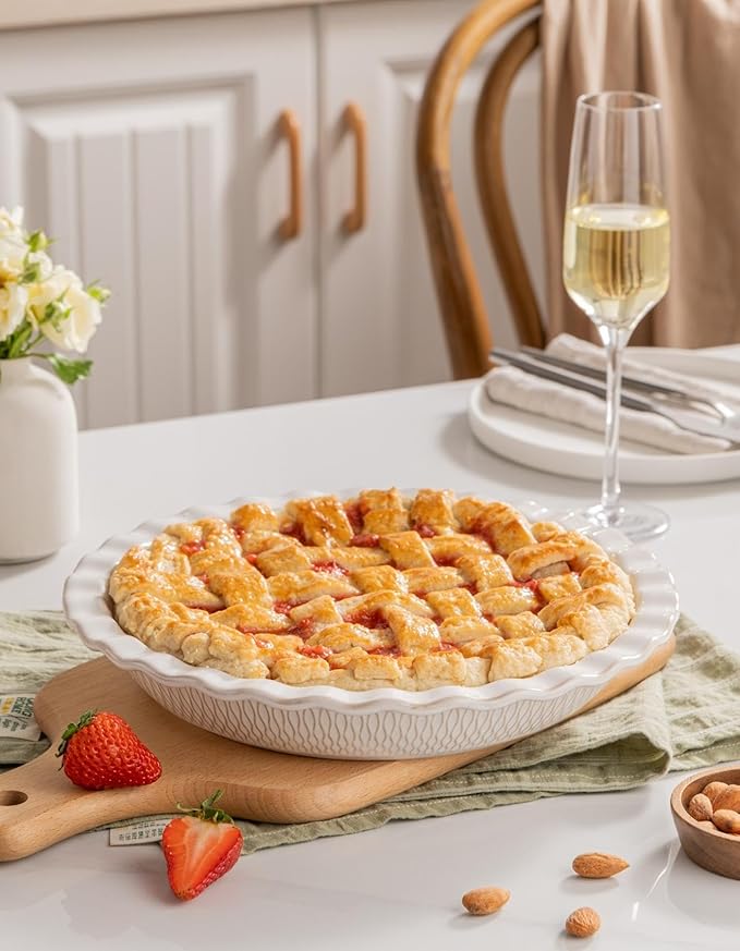 Ceramic Pie Dish for Baking, 9 inch Porcelain Pie Pan, Fluted Pie Plate for Apple, Quiche, Pot Pies, Tart, Modern Farmhouse Bakeware, Vanilla White