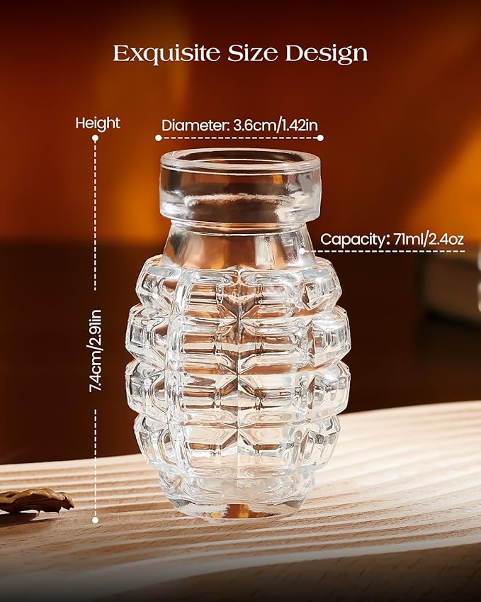 Kollea Grenade Shaped Shot Glass Set, Shot Cups with Heavy Base for Whiskey, Tequila, Vodka, Liquors, Set Of 6, 2.37 oz