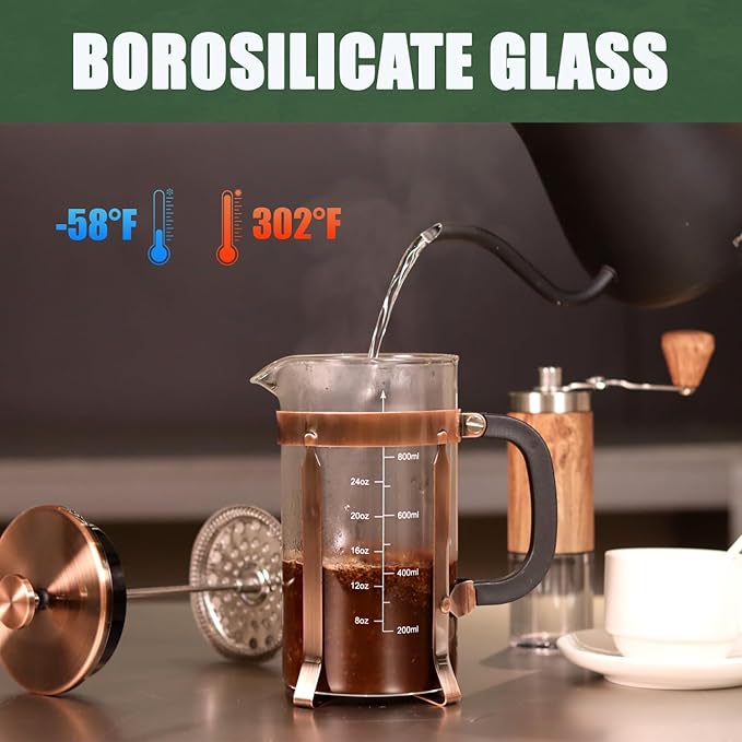 French Press Coffee Maker - 21 Ounce / 600ML, Stainless Steel & Heat-Resistant Borosilicate Glass - Ideal for Cold Brew, Espresso, 4-Filter System