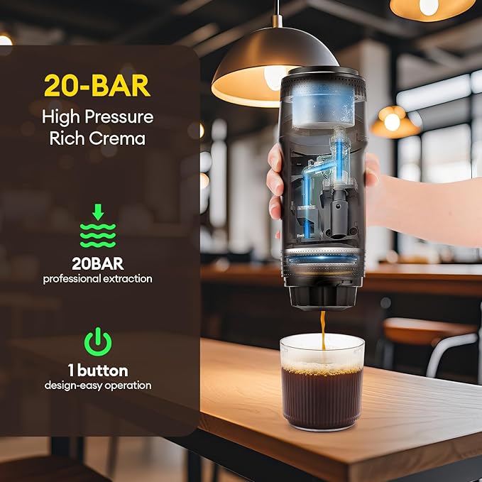 3 In 1 Portable Coffee Maker for Travel, 20 Bar Portable Espresso Machine with USB,Travel Coffee Maker Self-Heating, Compatible with Ground Coffee & Capsule for Hiking,Office,RV（Upgrade）