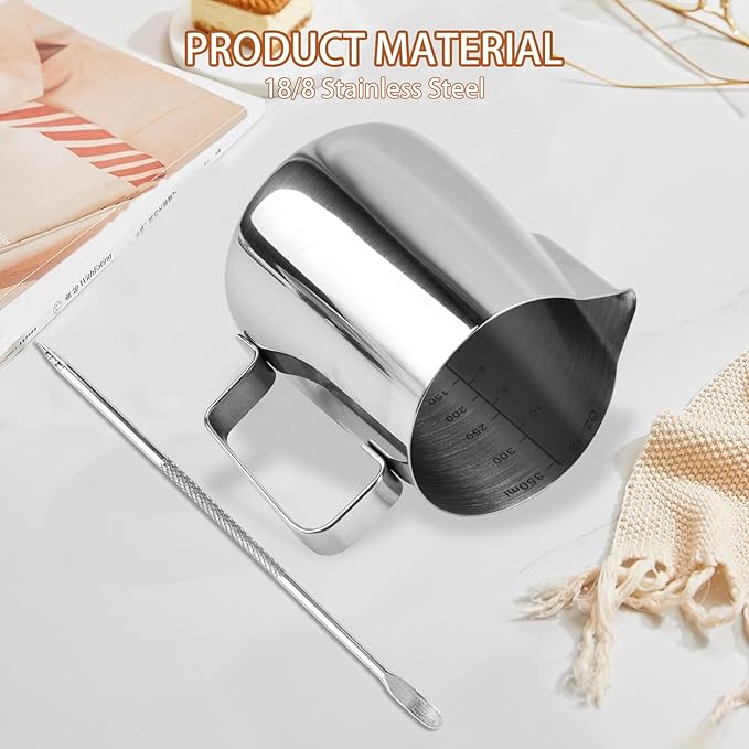 2 Pack Stainless Steel Milk Frothing Pitcher, 12 Oz/350ml, with Latte Art Pen