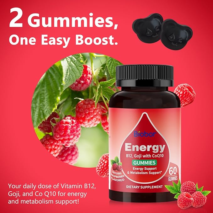 Natural Energy Gummies with Vitamin B12, Goji, CoQ10, Energy Support & Metabolism Support Chewable Supplement,GMO Free, Gluten Free (Raspberry, 60 Count)