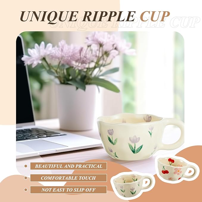 Vesici 2 Pcs Ceramic Coffee Mugs Flower Cups with Spoon Vintage Floral Mugs with Handle 8.5 oz Aesthetic Tea Porcelain Cup Gift for Valentine Office Home, Dishwasher and Microwave Safe(Cute)
