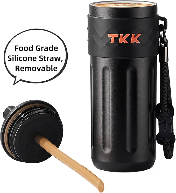 TKK 17 OZ Travel Tumbler Ceramic Lining with Straw Lid, Stainless Steel Vacuum Insulated Double Wall Coffee Tumbler, Leak Proof Iced Water Bottle with Carry Strap for Hot & Cold Drinks, Black