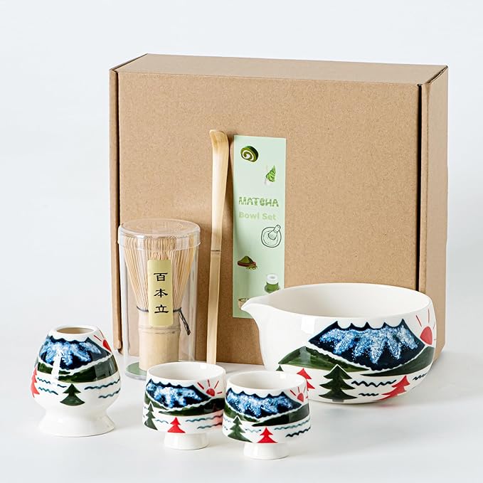 Fuji Mountain Matcha Bowl Set – 6-Pcs Hand-Painted Scenic Japanese Tea Ceremony Kit | Matcha Bowl with Spout, 2 Cups, Bamboo Whisk, Scoop & Whisk Holder | Gift for Tea Ceremony Lovers