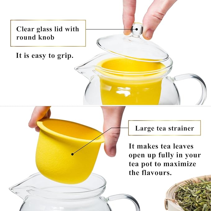 Heatproof Glass Teapot 13.5 fl (400 ml) with Removable Ceramic Infuser strainer Ha-Pot Made in Japan (Yellow)
