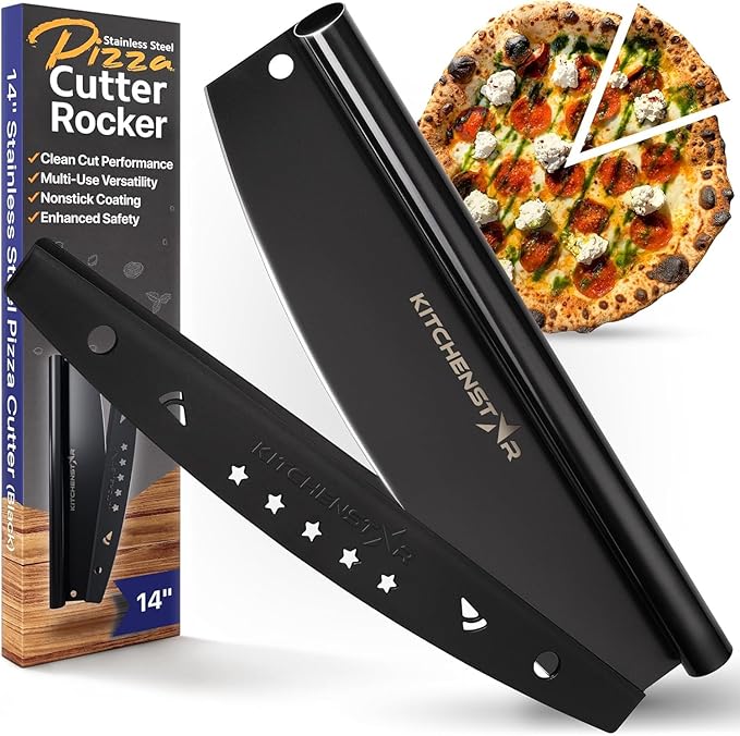 KitchenStar 14-Inch Pizza Cutter Rocker Blade - Sharp Stainless Steel Slicer Knife, Protective Cover, Black Nonstick, Large - Professional Pizza Oven Accessories